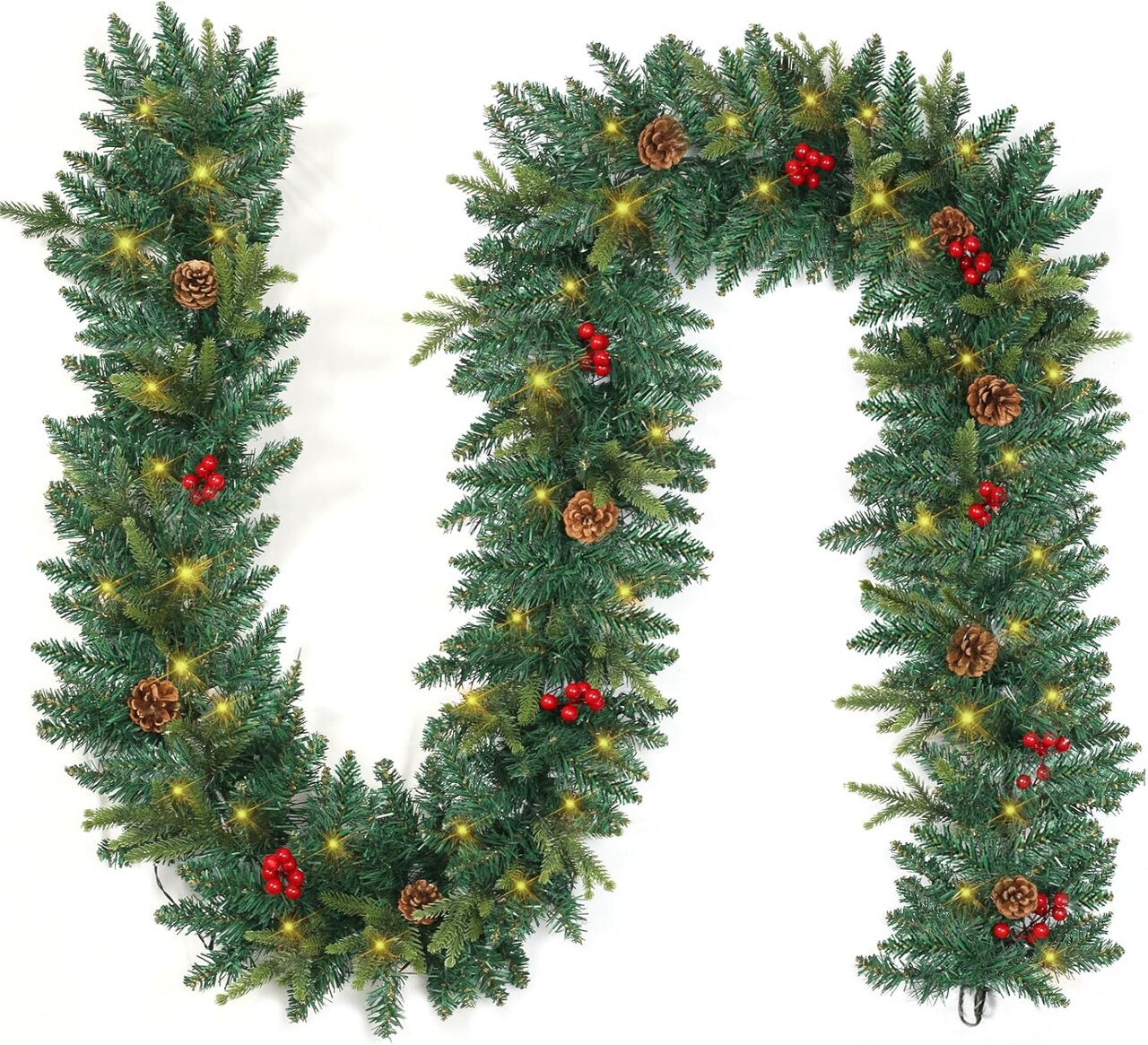 9 FT Christmas Garland with Lights,Battery Operated Lighted Garland,50 Warm White LED Lights